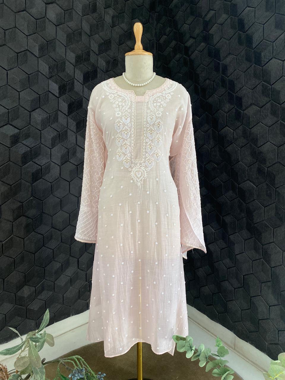 Blush Pink Mul Chanderi Chikankari Kurta Set