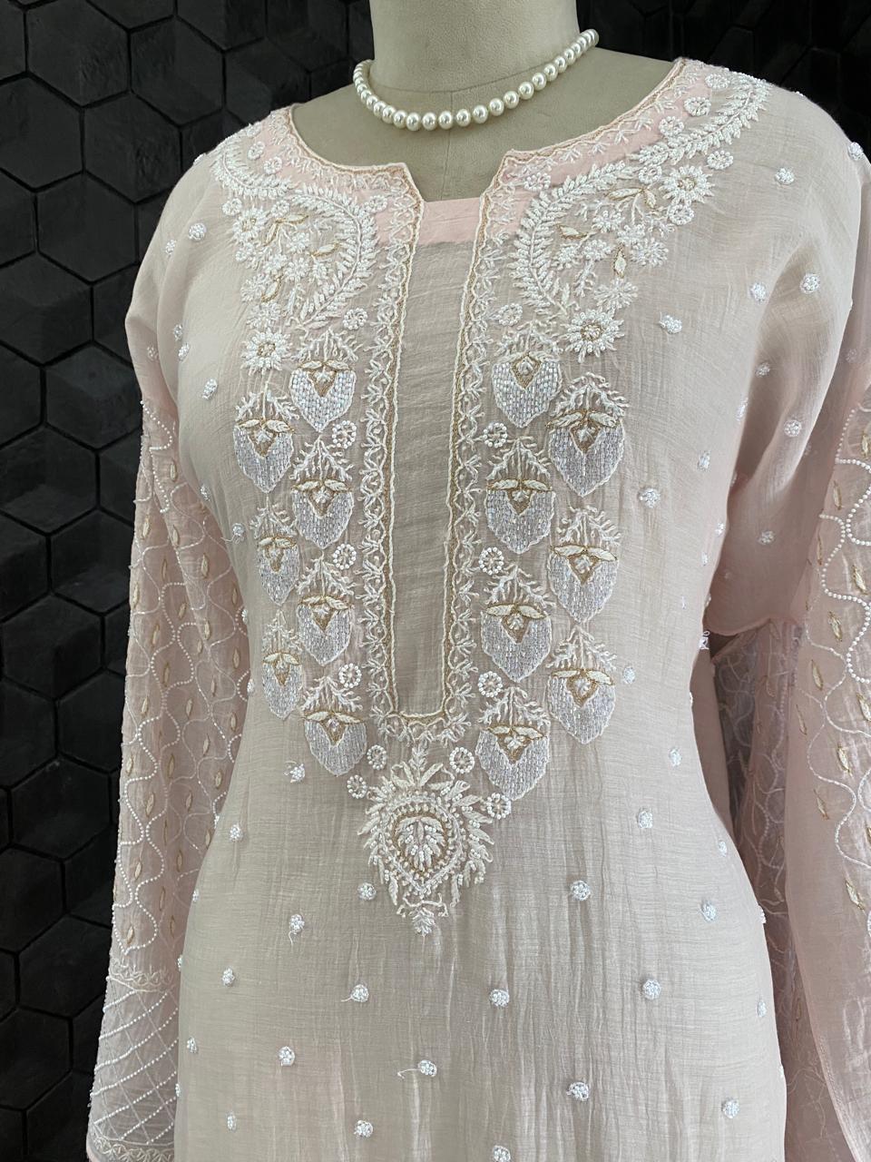 Blush Pink Mul Chanderi Chikankari Kurta Set