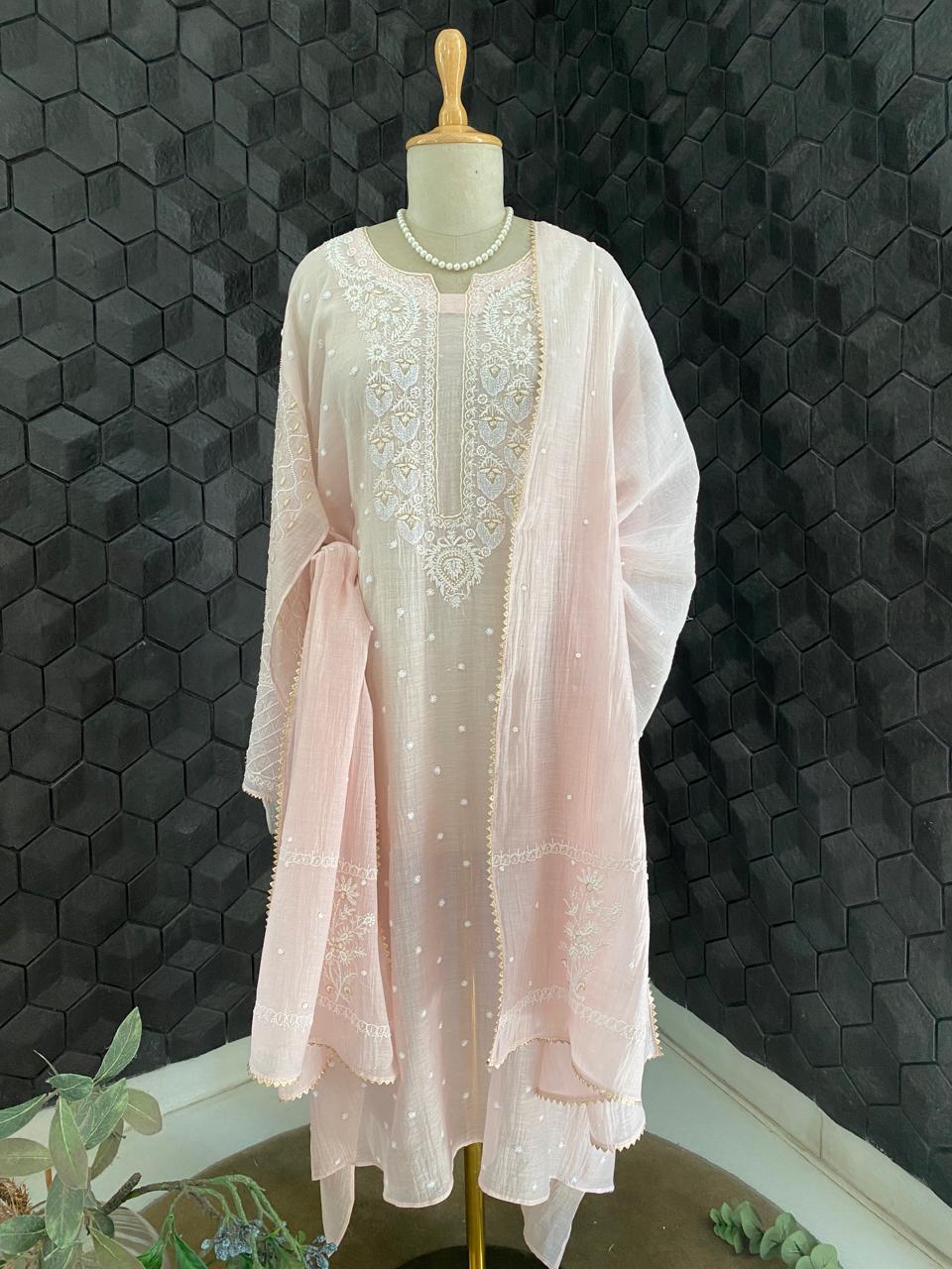 Blush Pink Mul Chanderi Chikankari Kurta Set