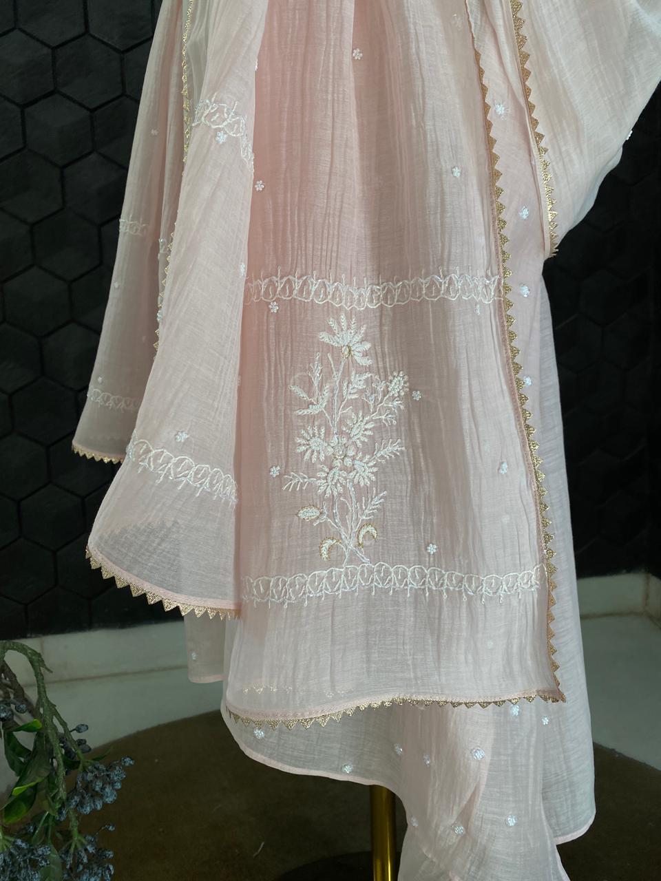 Blush Pink Mul Chanderi Chikankari Kurta Set