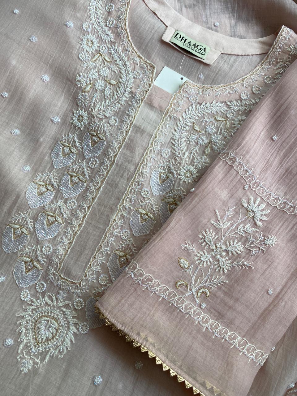 Blush Pink Mul Chanderi Chikankari Kurta Set