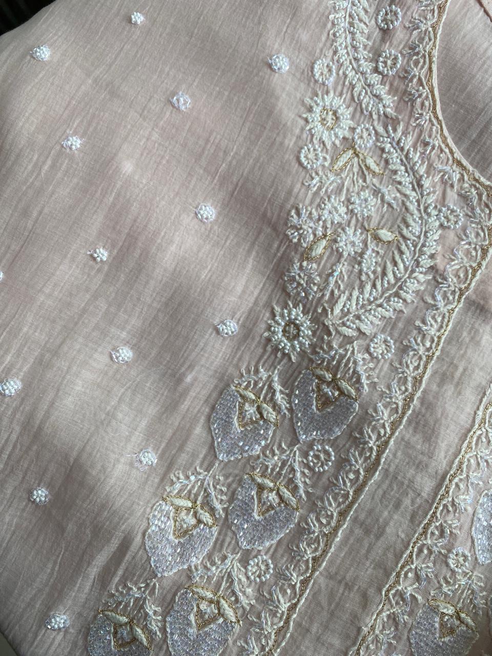 Blush Pink Mul Chanderi Chikankari Kurta Set