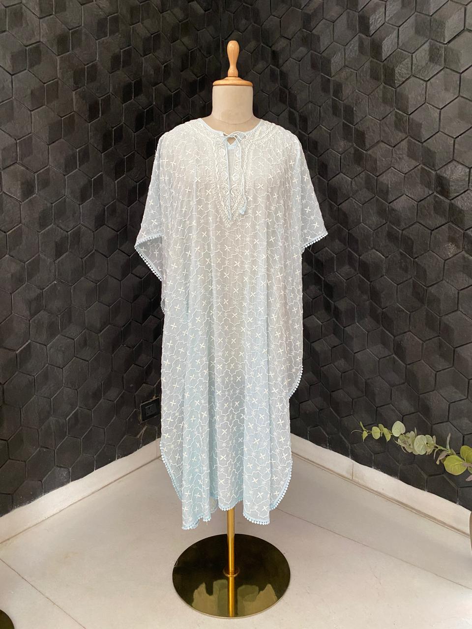 Sea Green Mul Chanderi Chikankari Kaftan