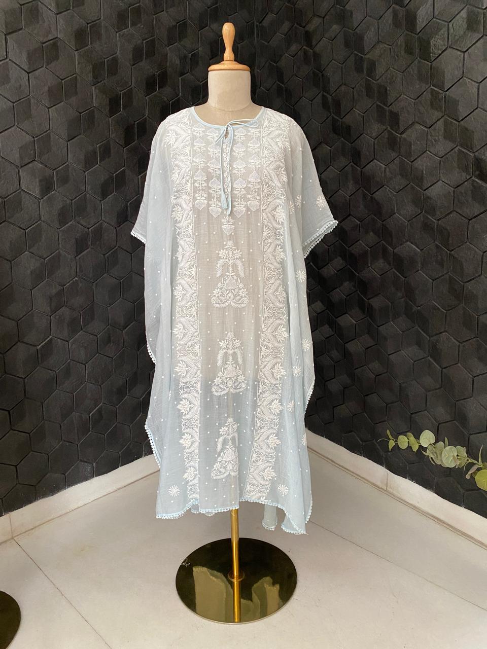 Sky Blue Mul Chanderi Chikankari Kaftan