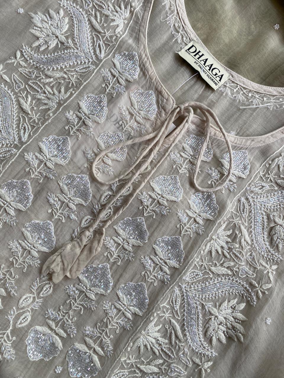 Sage Green Ombre Mul Chanderi Chikankari Kaftan