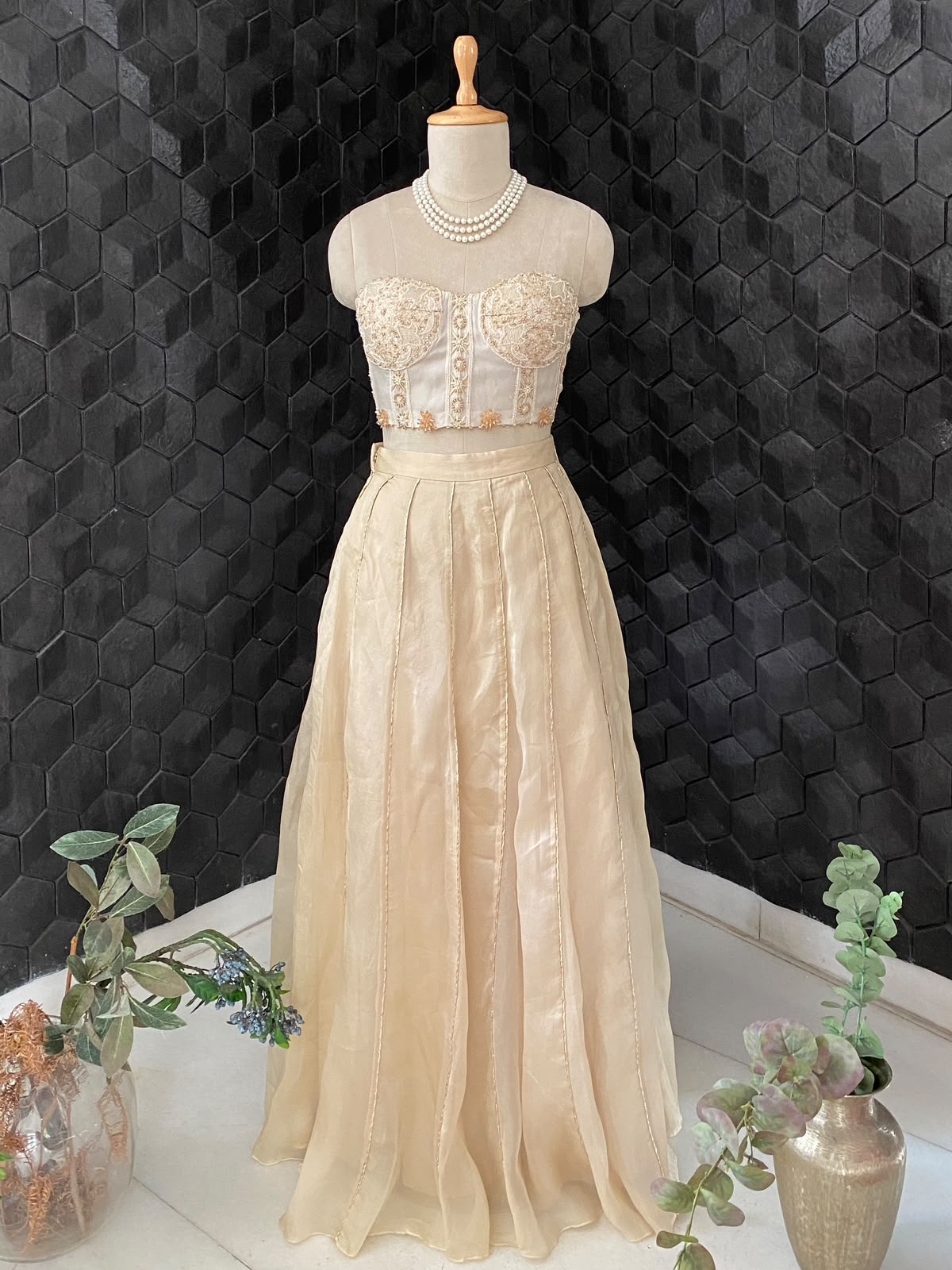Ivory Chikankari Bustier With Beige Organza Skirt