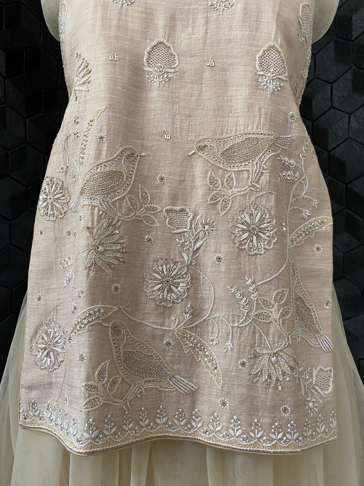 Tissue Chikankari Top and Skirt with Statement Bird Motif