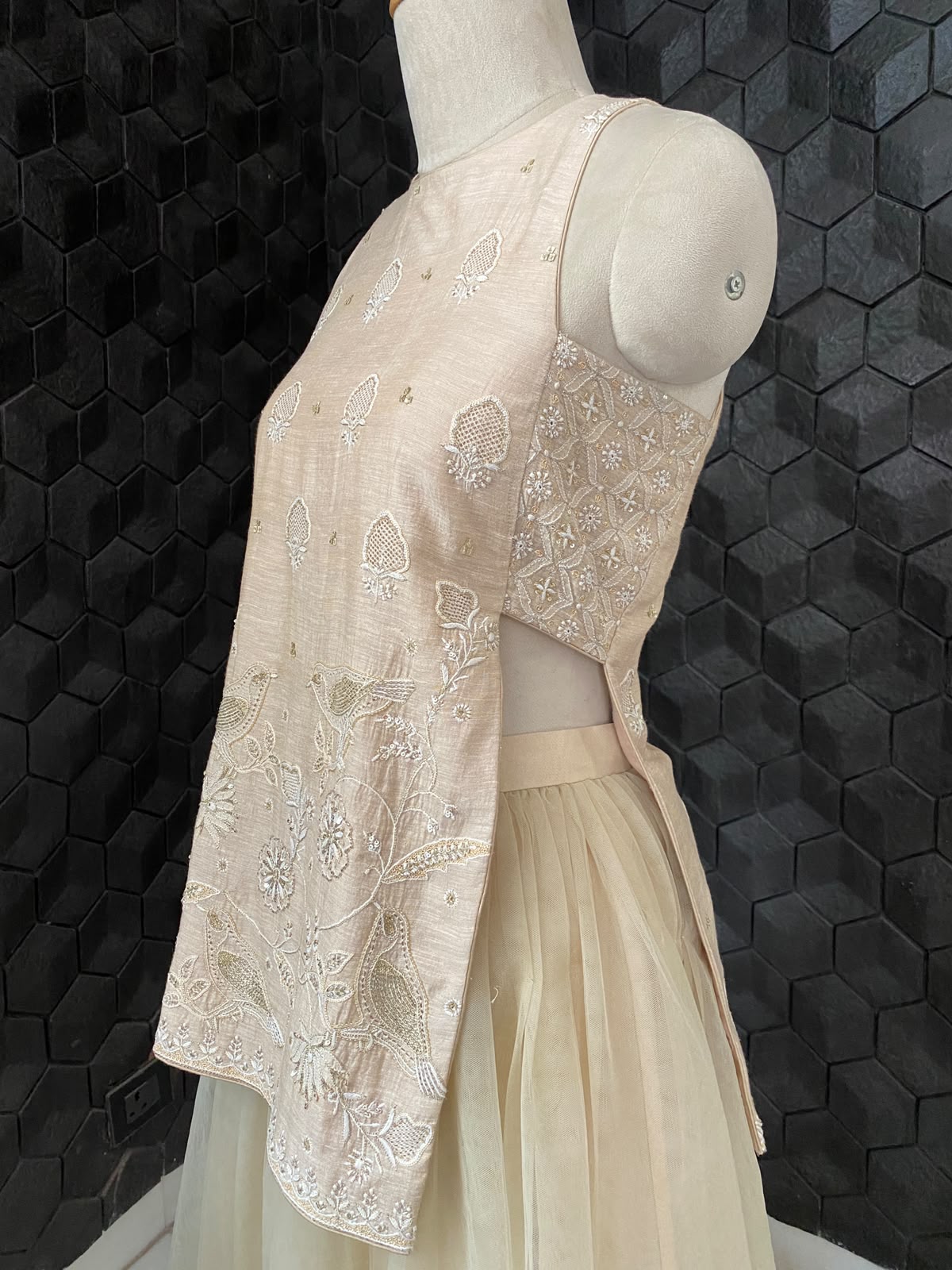 Tissue Chikankari Top and Skirt with Statement Bird Motif