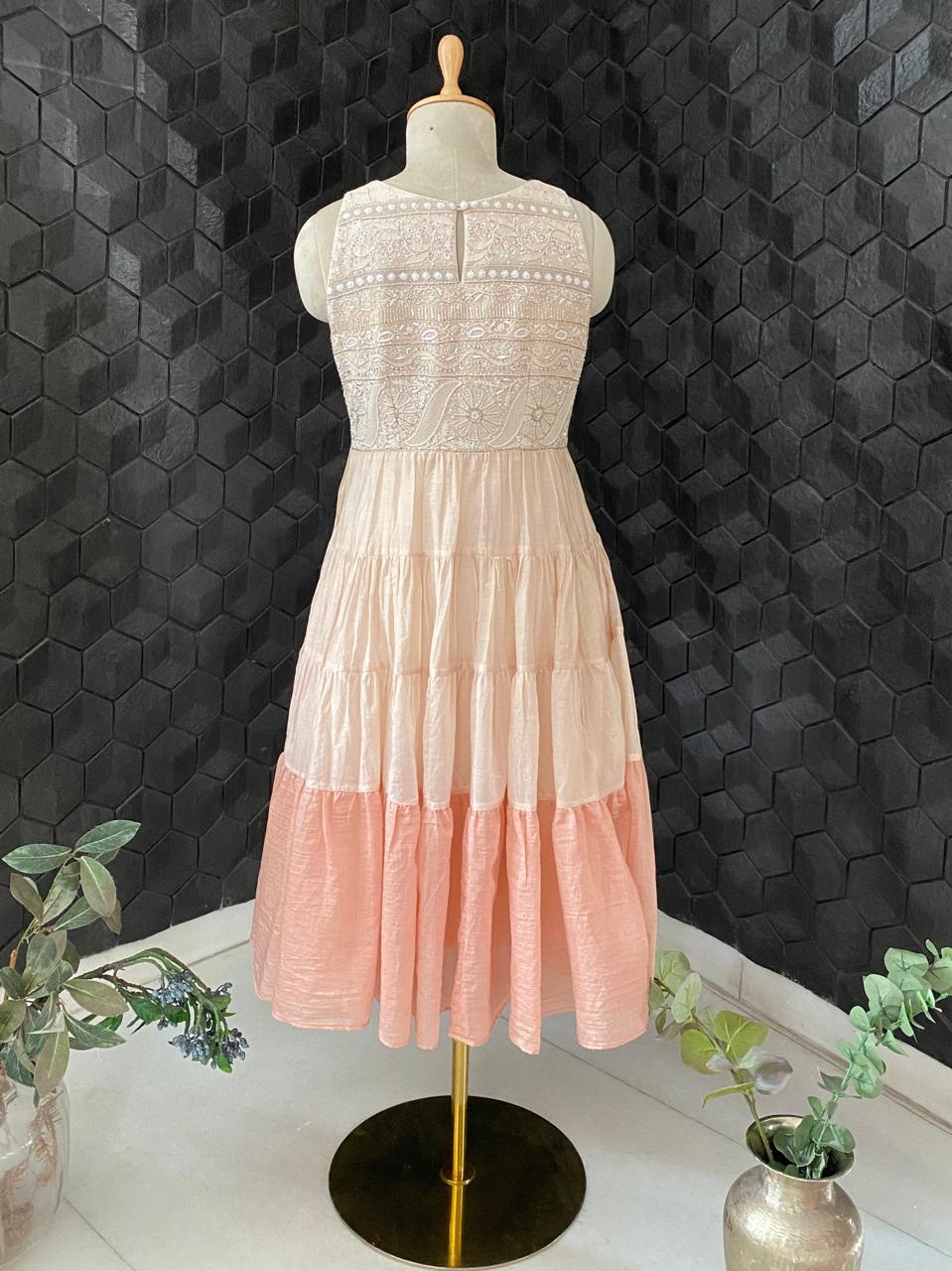 Peach Layered Ombre Mul Chanderi Dress with Statement Chikankari Yolk