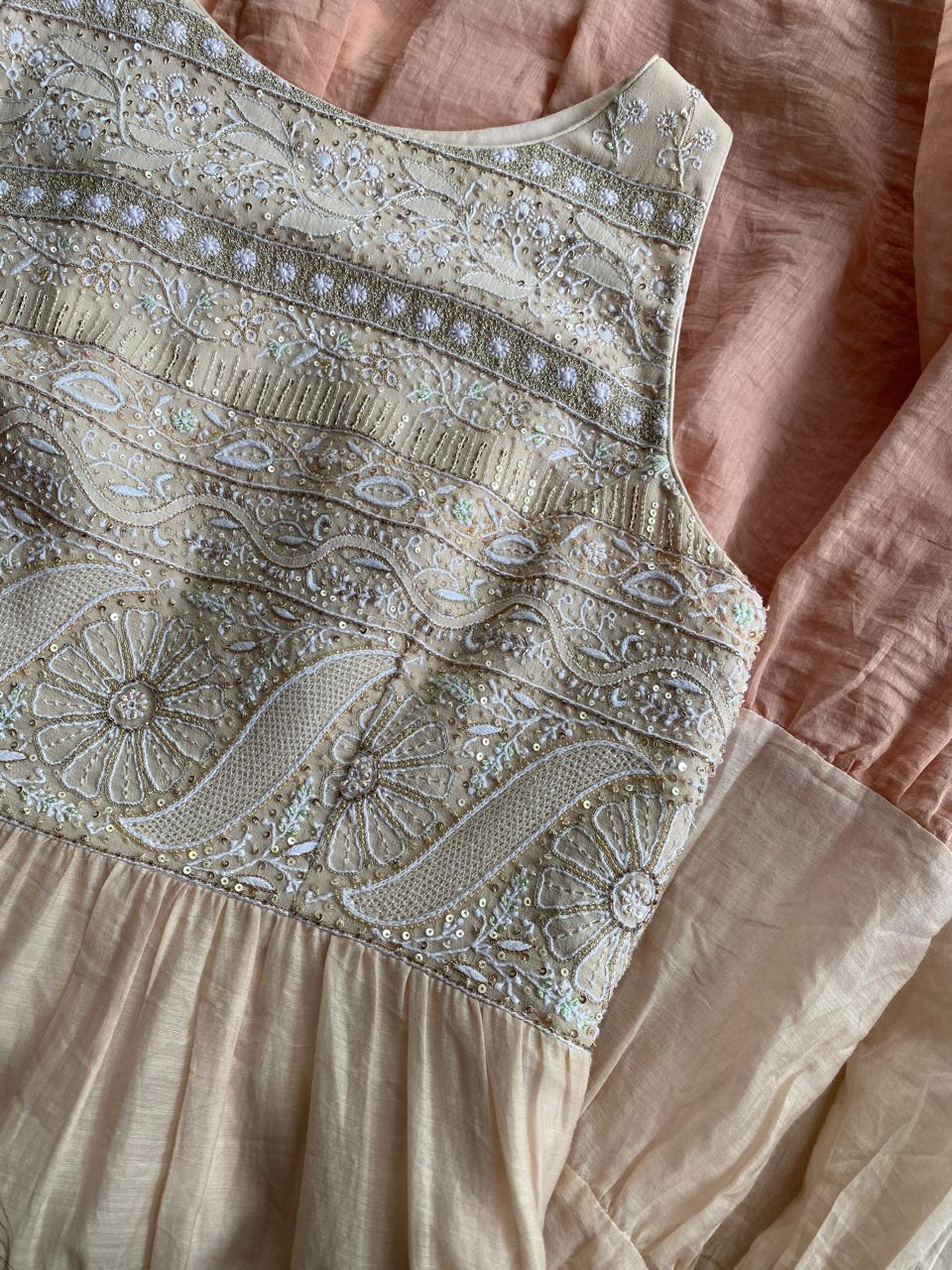 Peach Layered Ombre Mul Chanderi Dress with Statement Chikankari Yolk