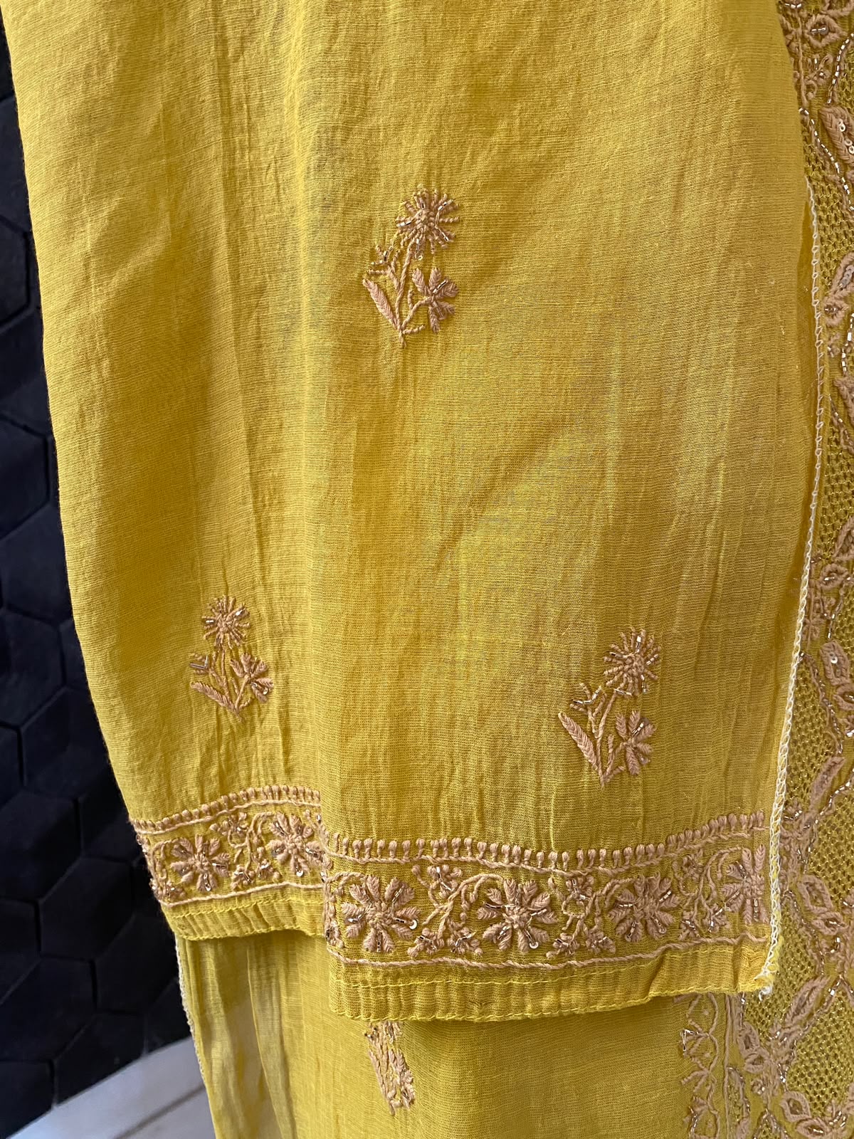 Ochre Yellow Tissue Chikankari Kurta Set