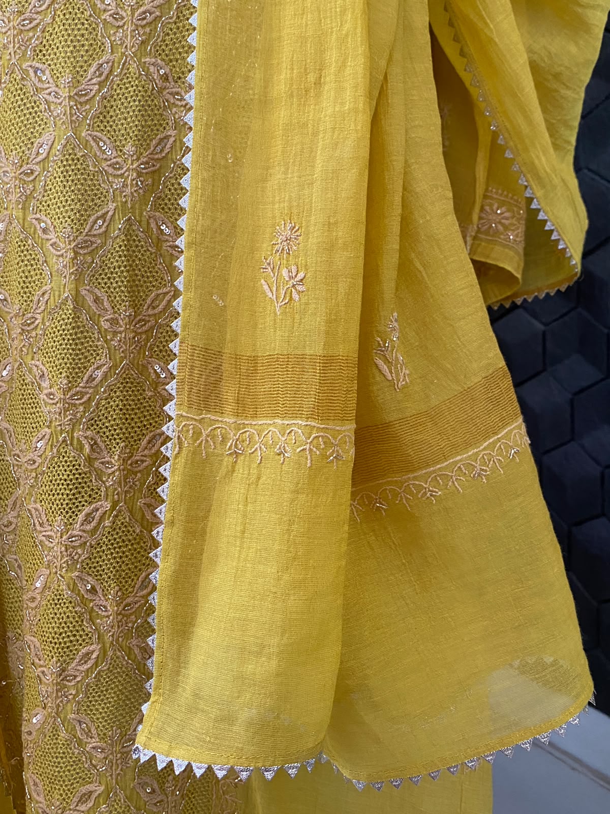 Ochre Yellow Tissue Chikankari Kurta Set
