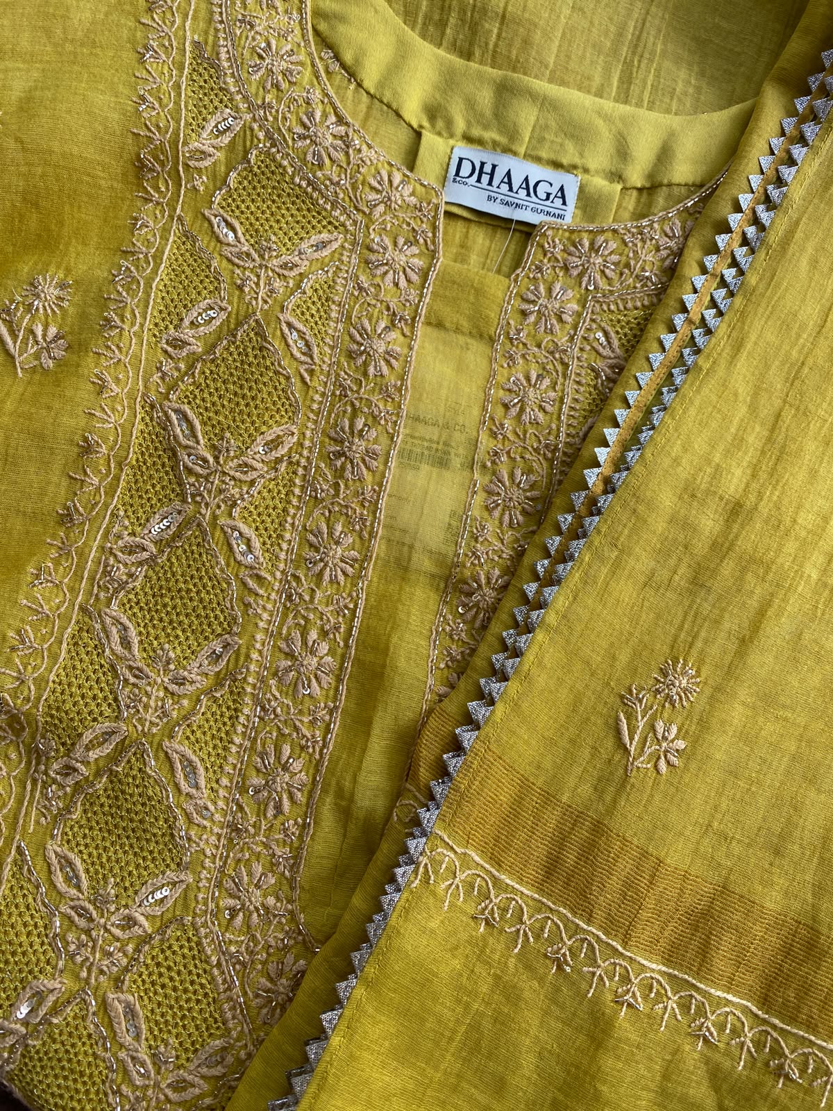 Ochre Yellow Tissue Chikankari Kurta Set