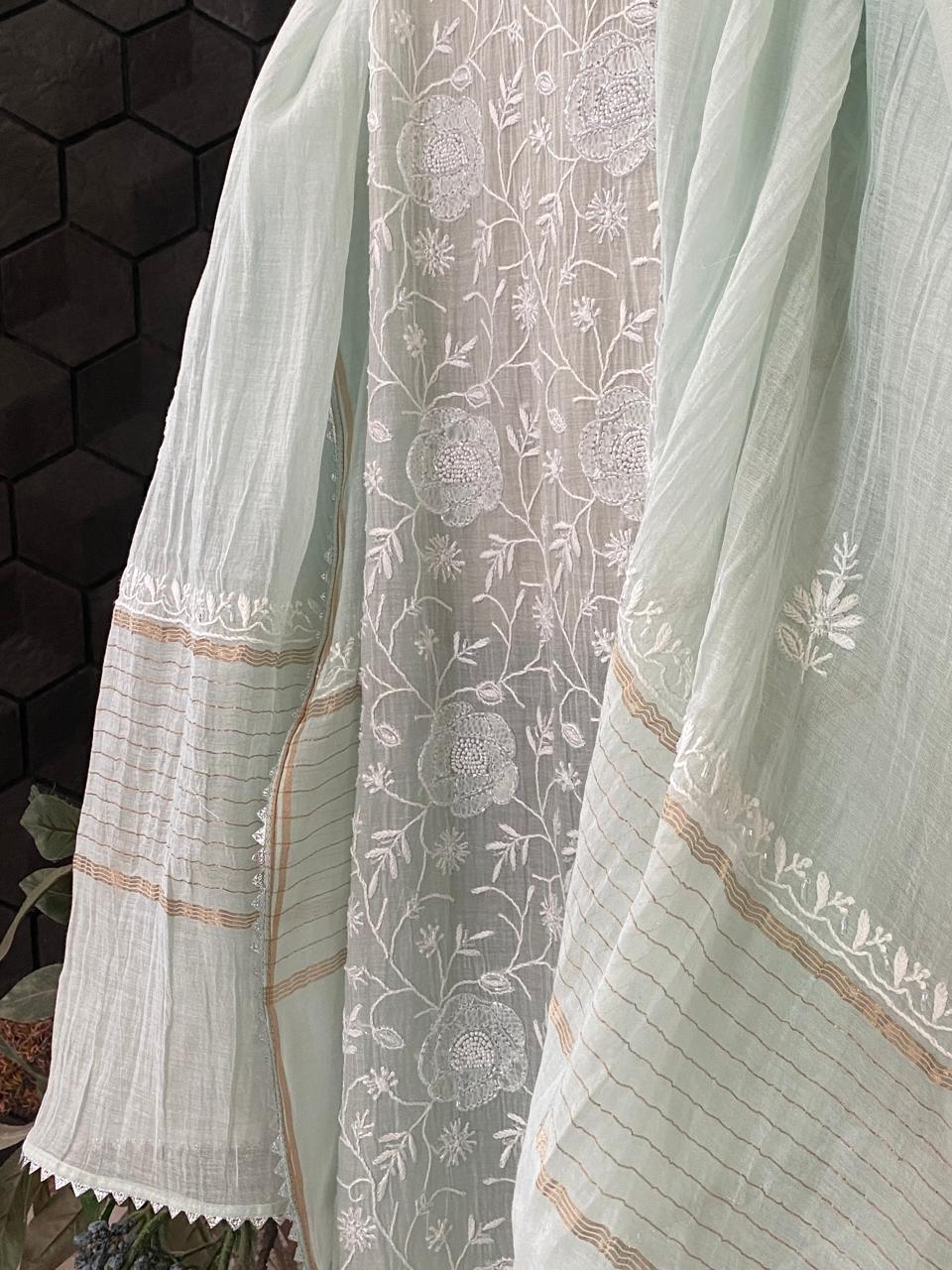 Powder Blue Mul Chanderi Kurta Set