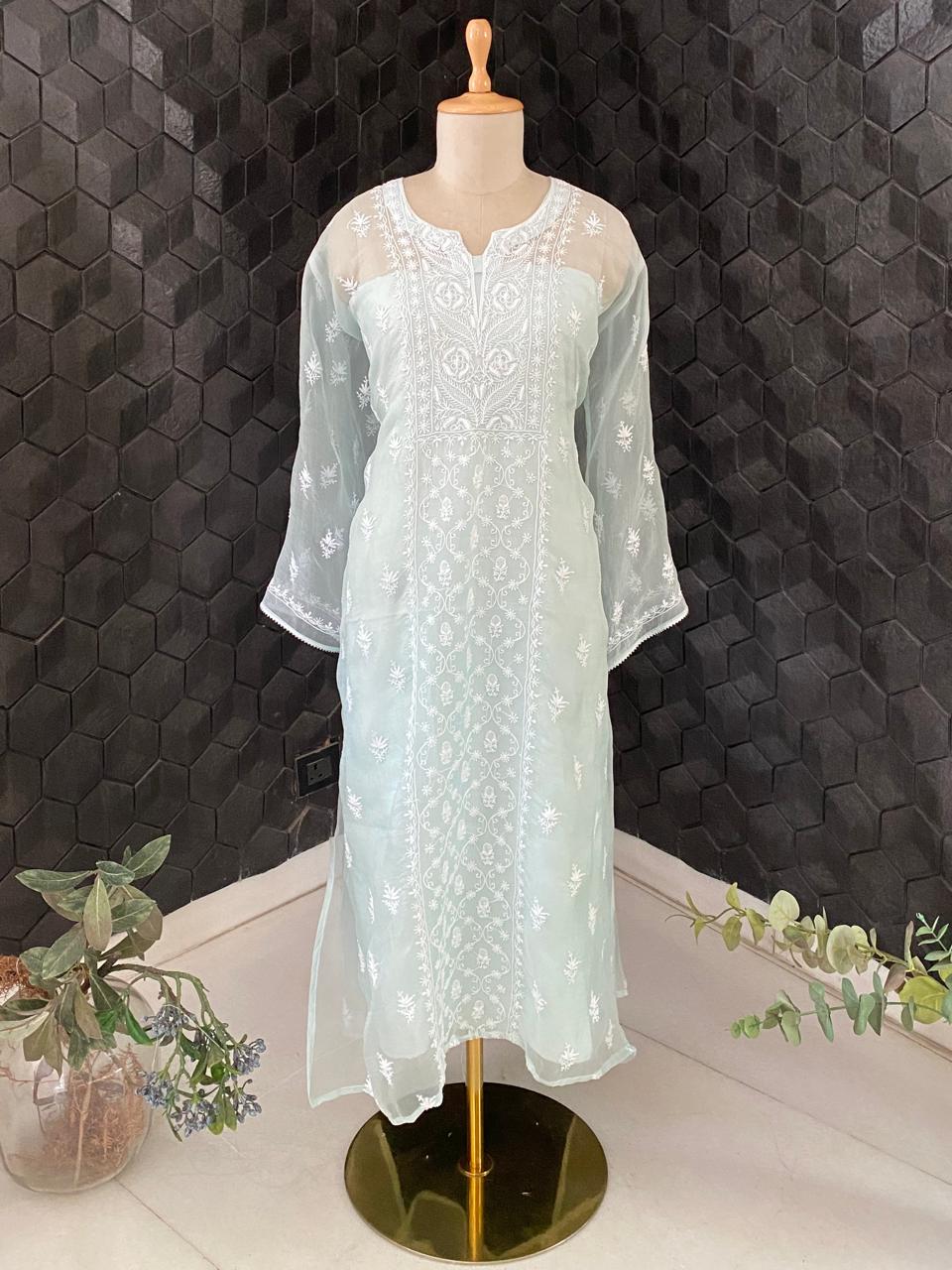Powder Blue Organza Chikankari Kurta Set