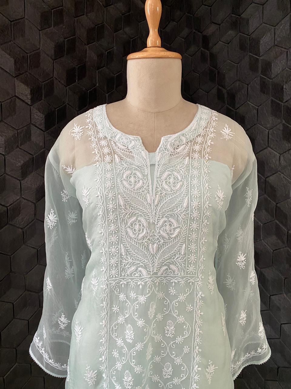 Powder Blue Organza Chikankari Kurta Set