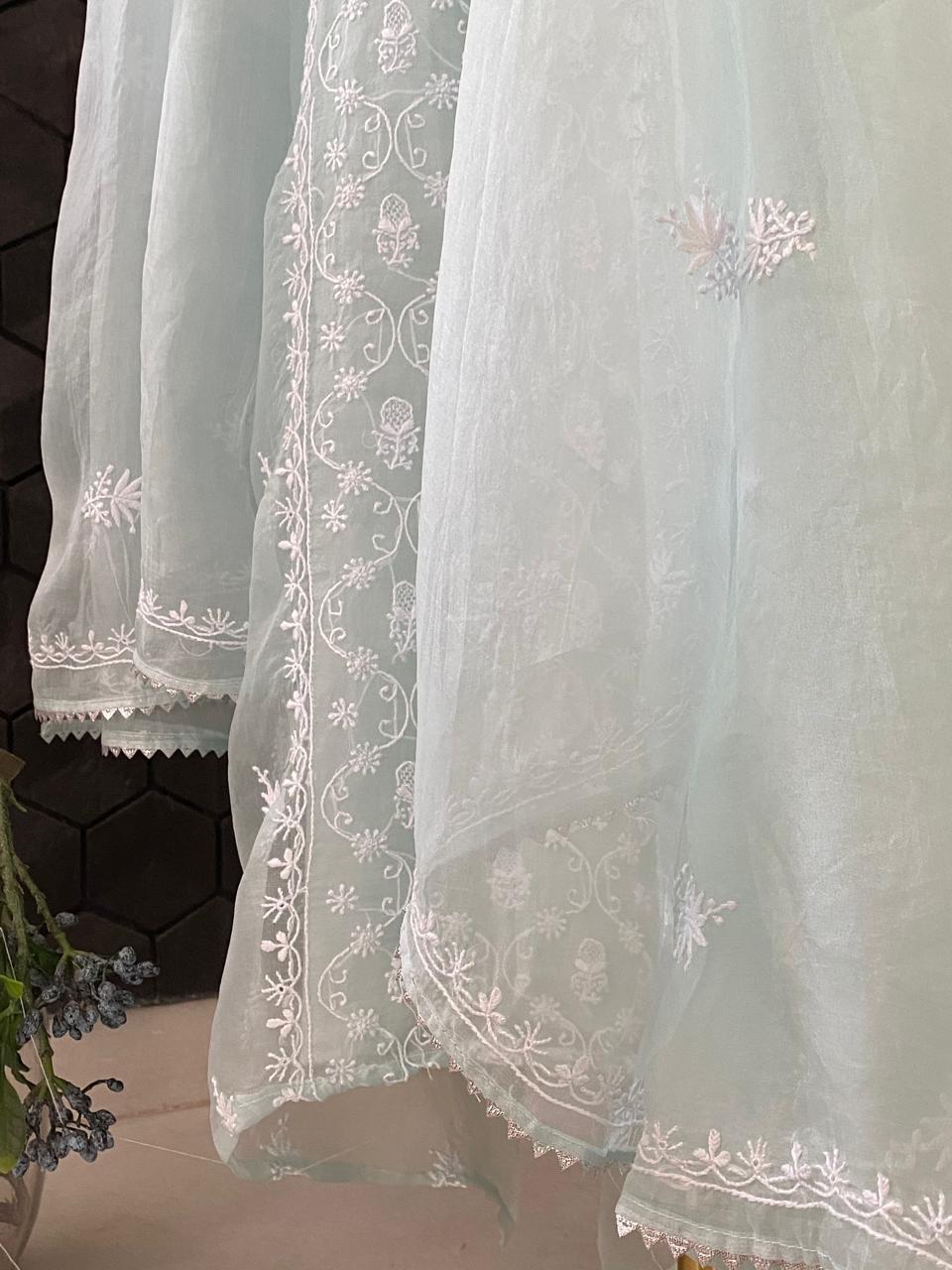 Powder Blue Organza Chikankari Kurta Set