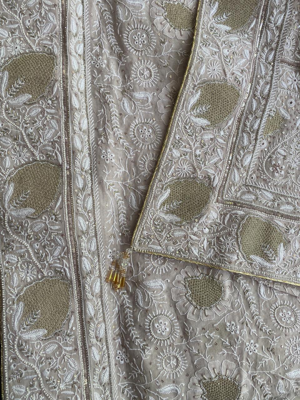 Lilac Georgette Chikankari Saree with Statement Paan Boota
