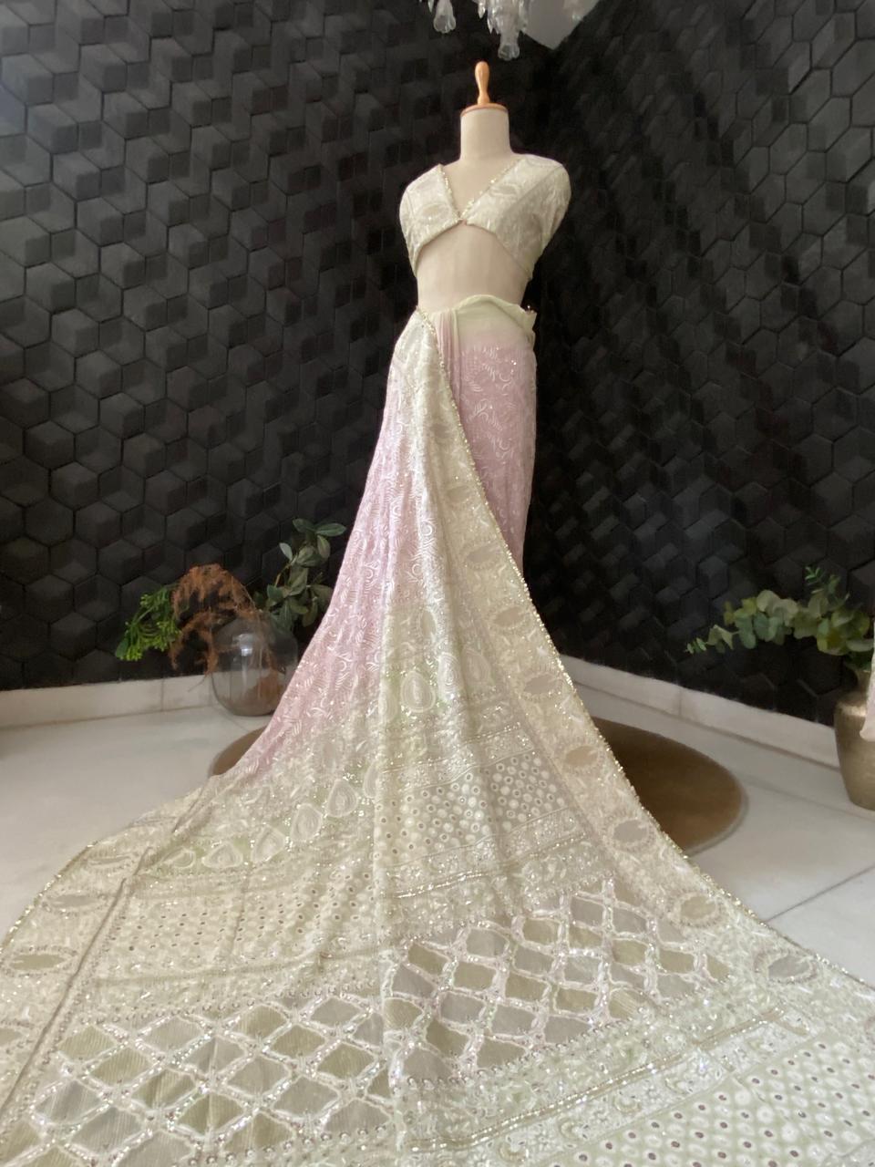 Dual Tone Georgette Chikankari Saree with Statement Fish boota