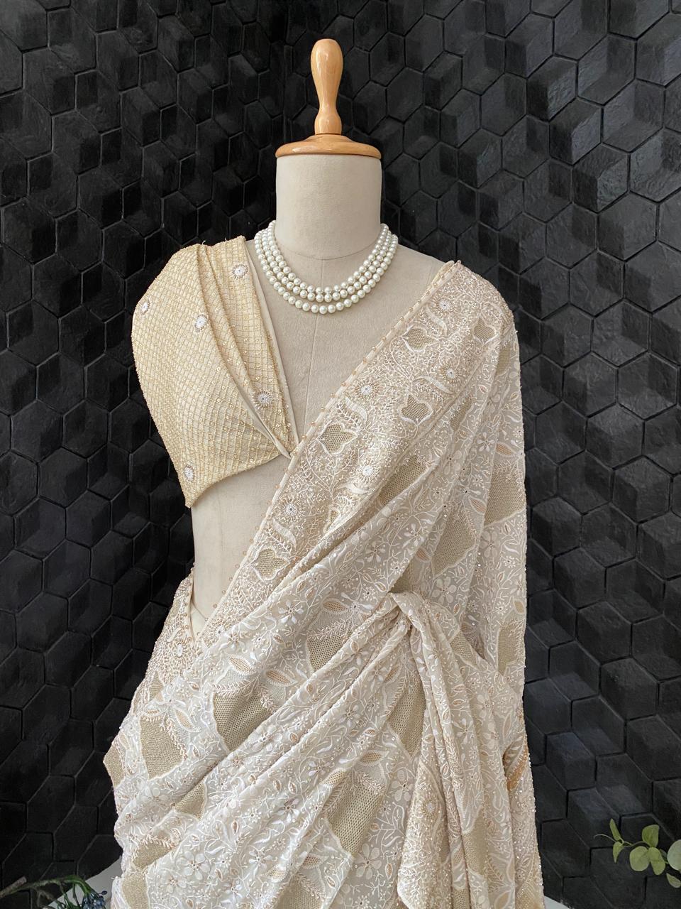 Ivory Georgette Ek Taar Saree with Statement Paan Boota