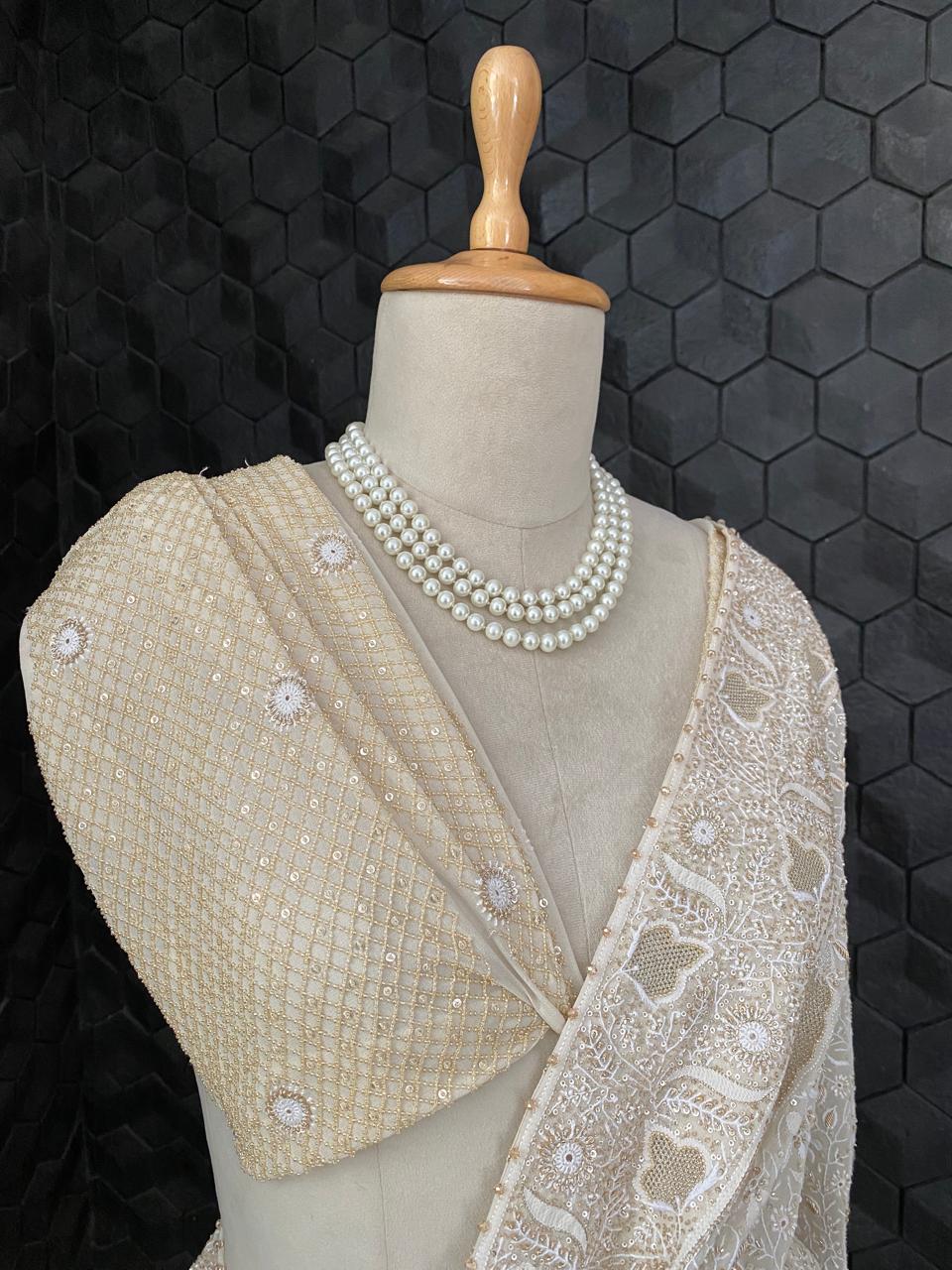 Ivory Georgette Ek Taar Saree with Statement Paan Boota
