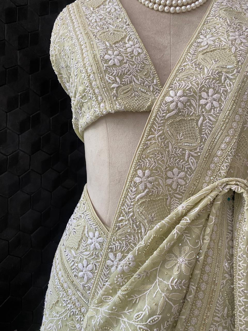 Sage Green Georgette Chikankari Saree