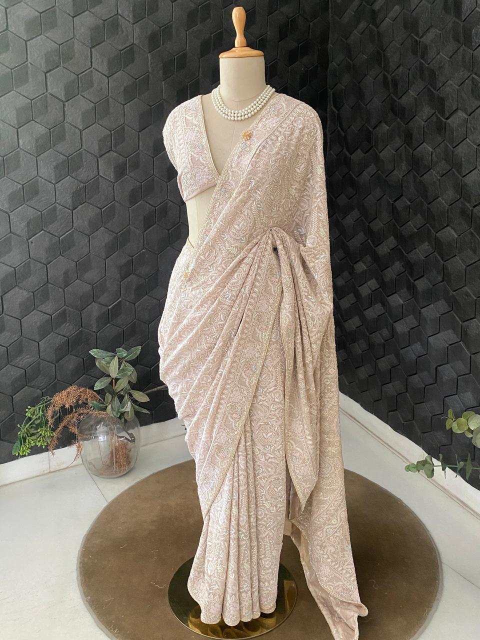 Beige Georgette with Multi Coloured Thread Chikankari Saree