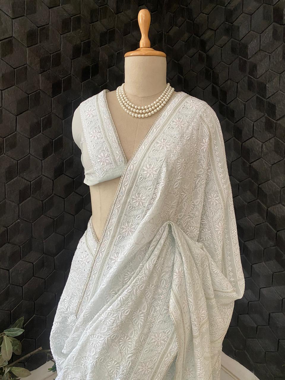 Sky Blue Georgette Chikankari Saree with Cutdana and Sequins Work