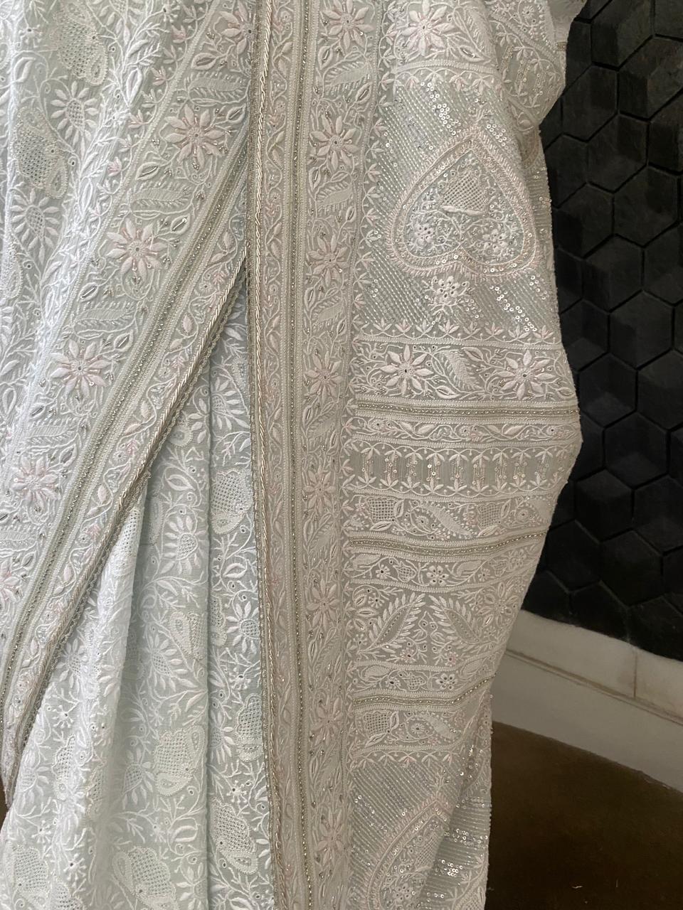 Sky Blue Georgette Chikankari Saree with Cutdana and Sequins Work