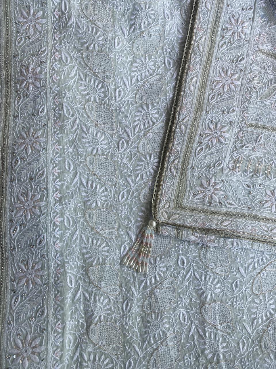 Sky Blue Georgette Chikankari Saree with Cutdana and Sequins Work