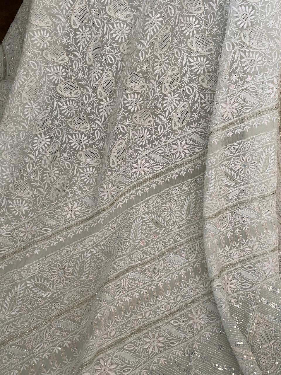 Sky Blue Georgette Chikankari Saree with Cutdana and Sequins Work