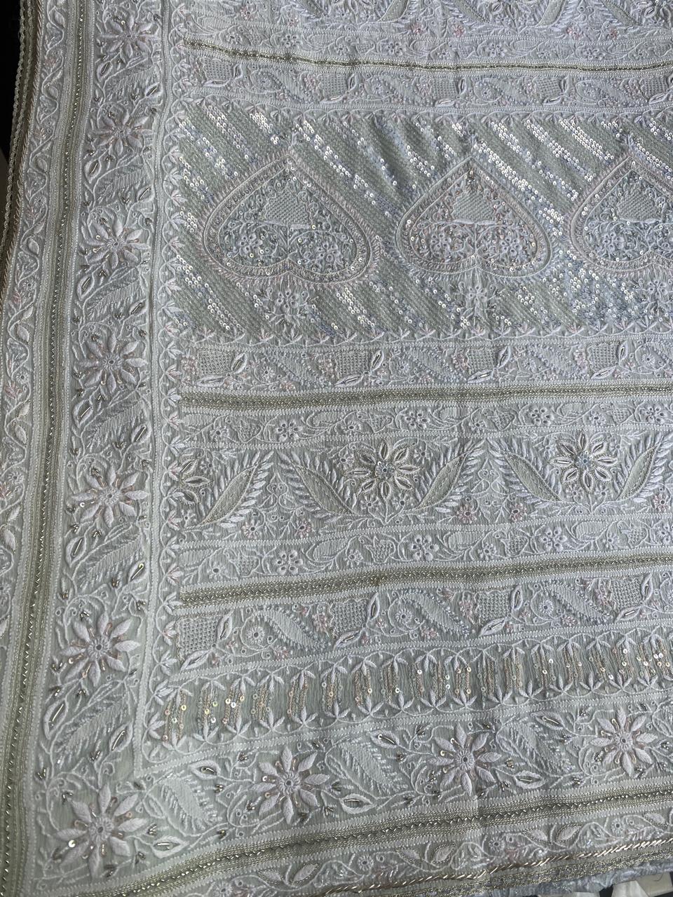 Sky Blue Georgette Chikankari Saree with Cutdana and Sequins Work