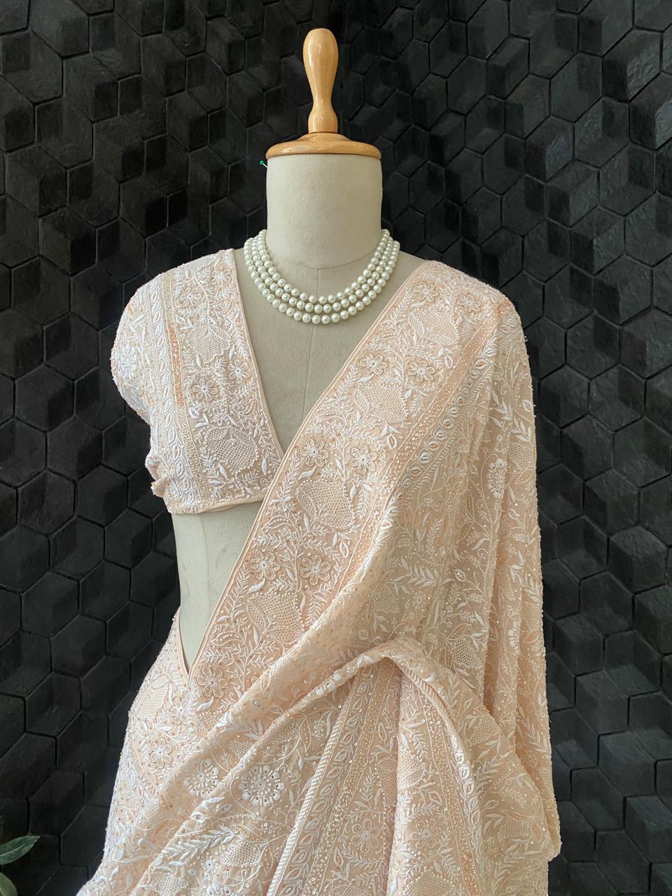 Peach Georgette Chikankari Saree With Sequins Work