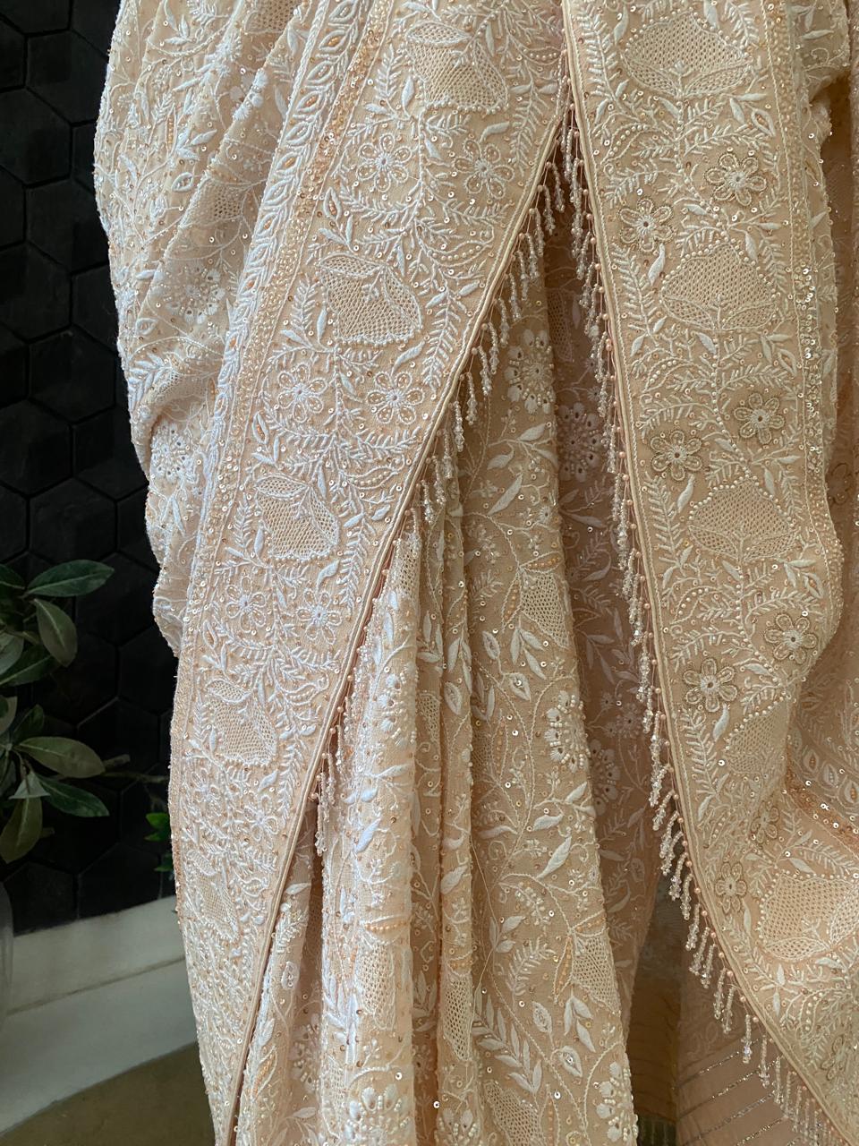 Peach Georgette Chikankari Saree With Sequins Work