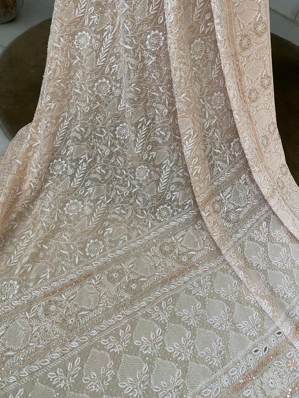Peach Georgette Chikankari Saree With Sequins Work