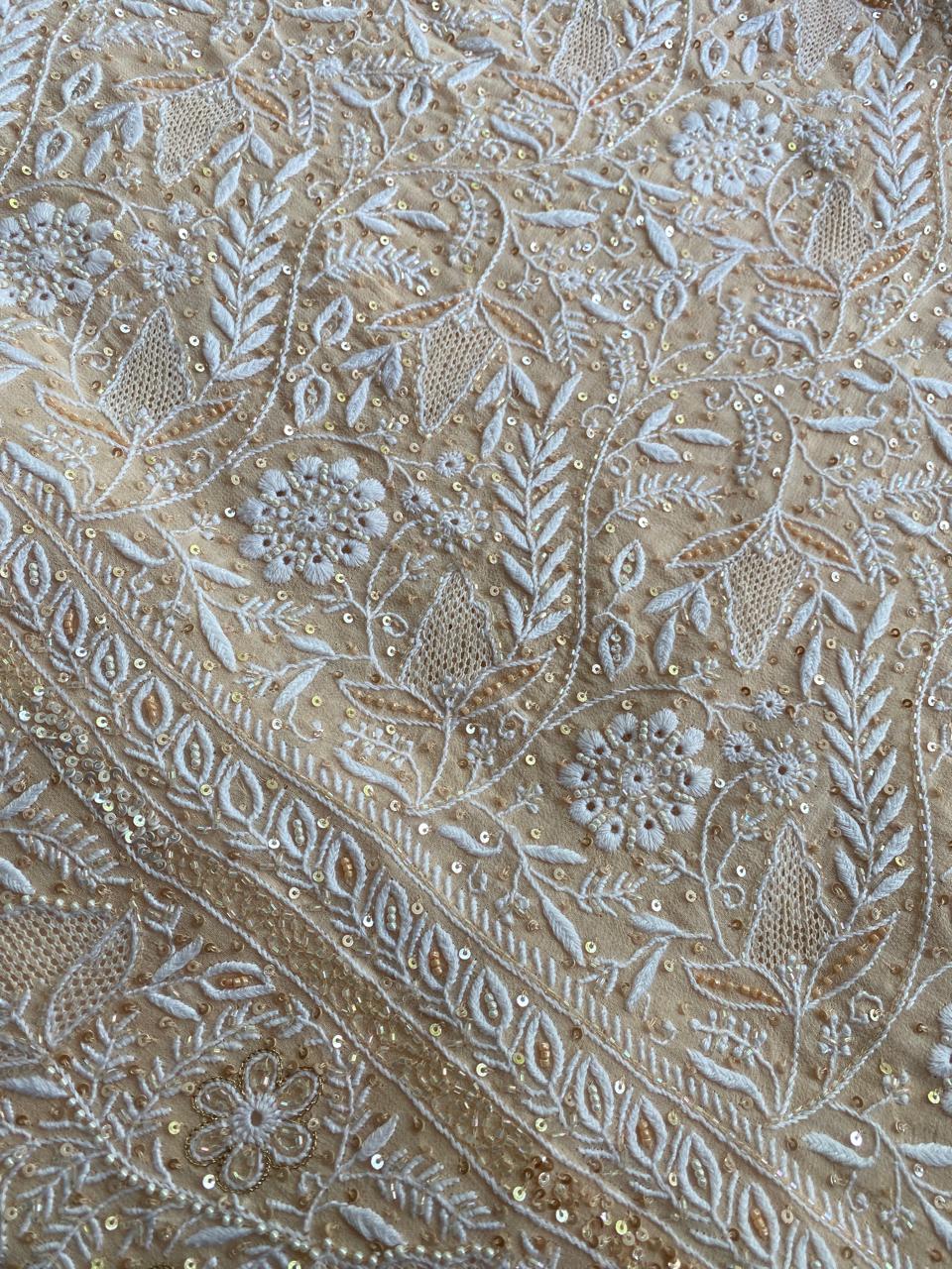 Peach Georgette Chikankari Saree With Sequins Work