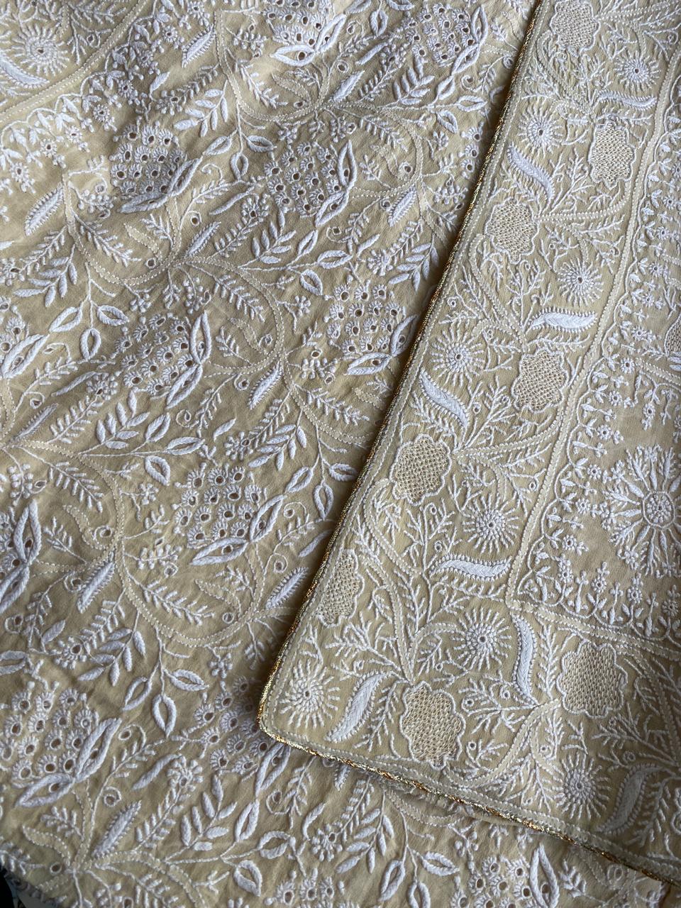 Beige Georgette Chikankari Saree with Peacock Motifs