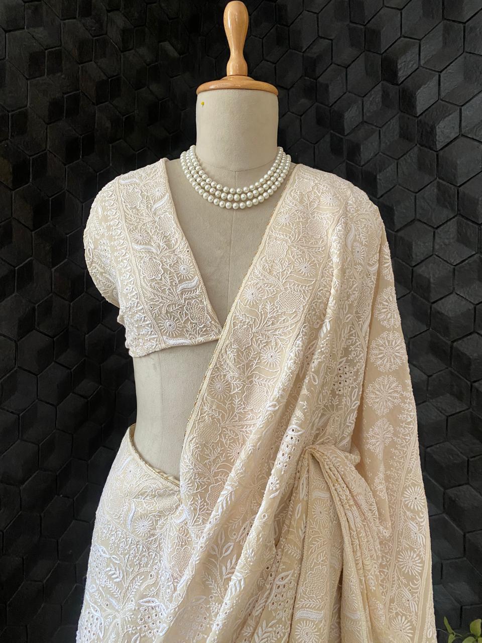 Beige Georgette Chikankari Saree with Peacock Motifs
