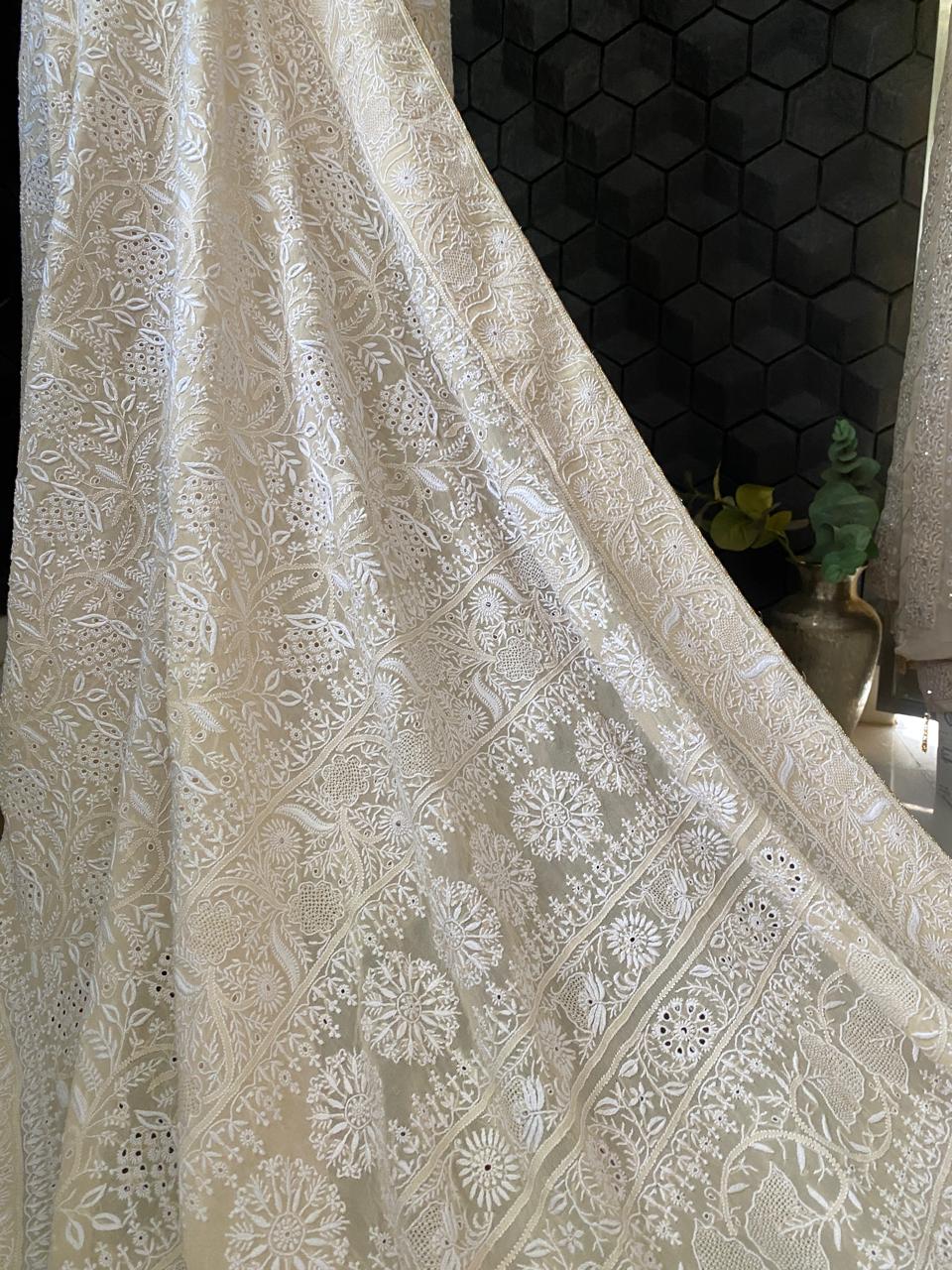 Beige Georgette Chikankari Saree with Peacock Motifs