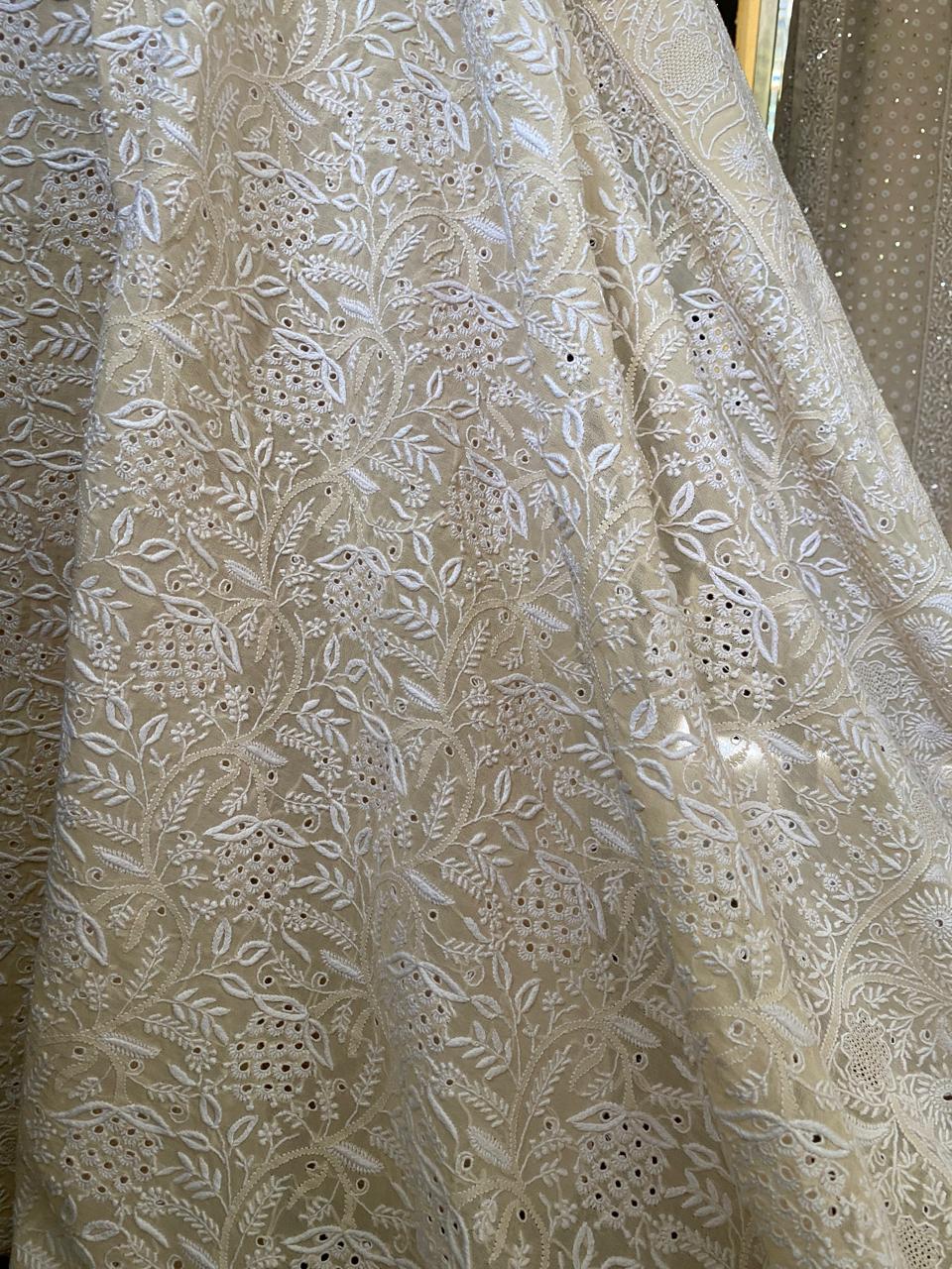 Beige Georgette Chikankari Saree with Peacock Motifs