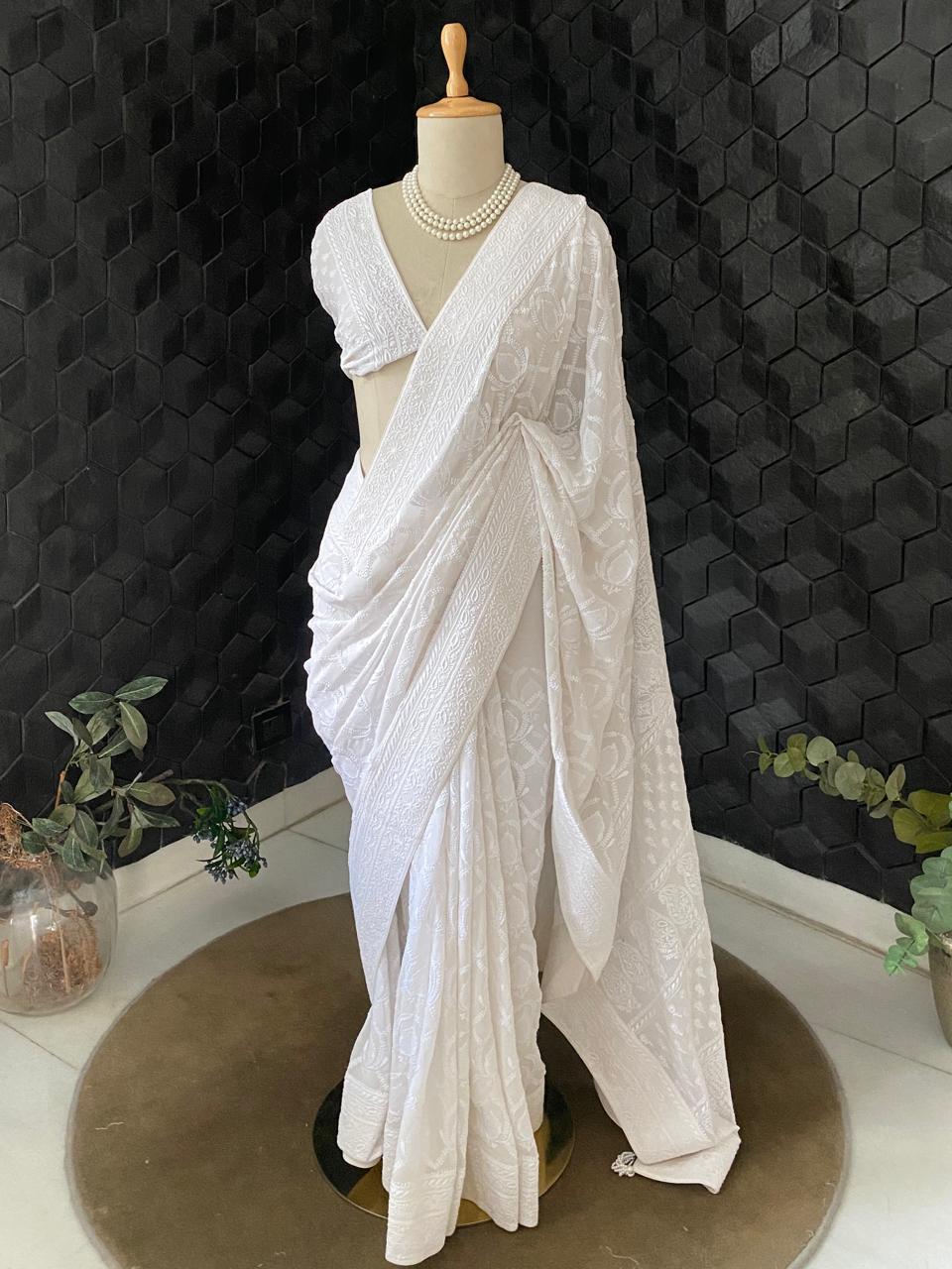 White Georgette Chikankari Saree with Tassels