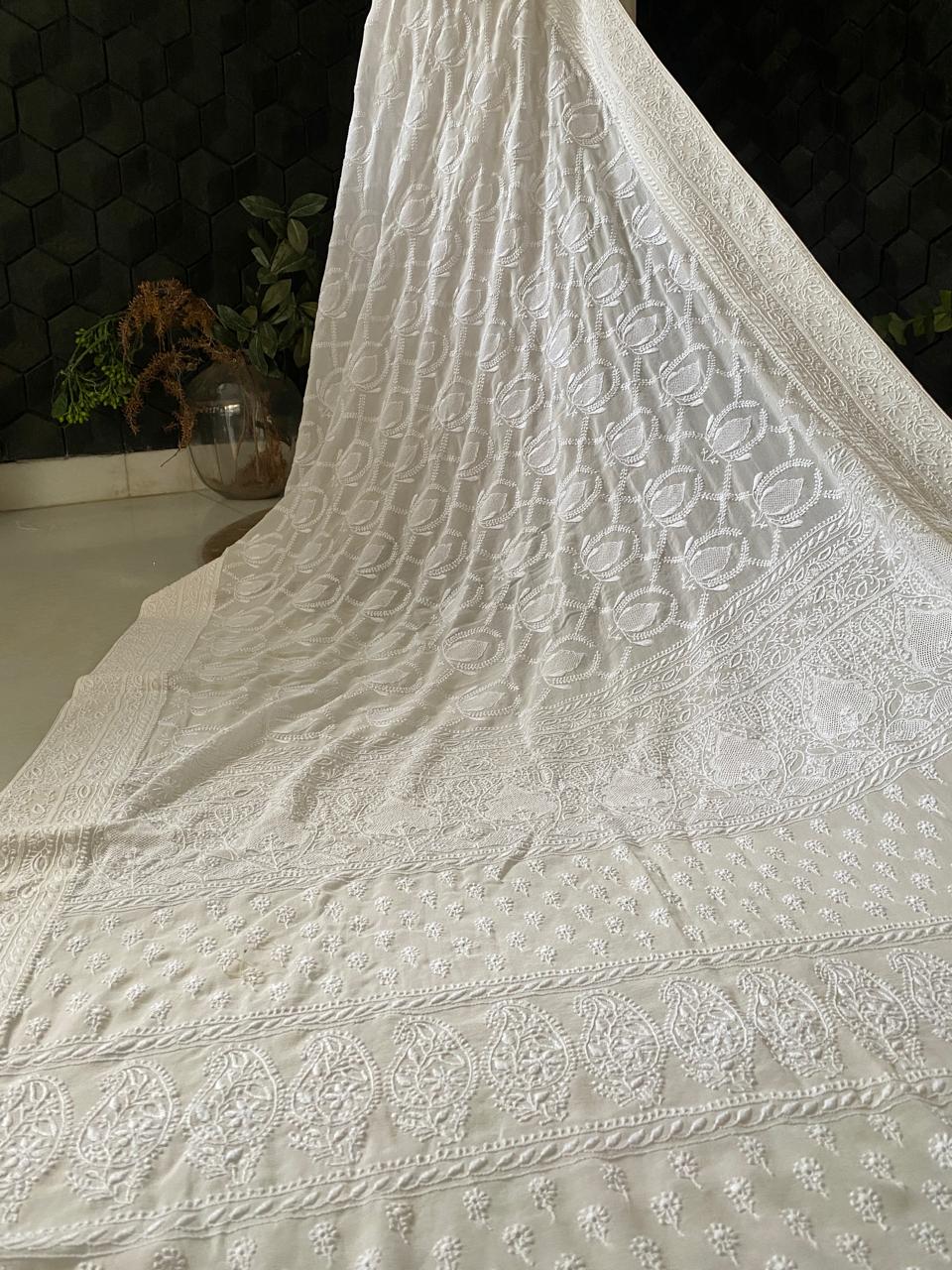 White Georgette Chikankari Saree with Tassels