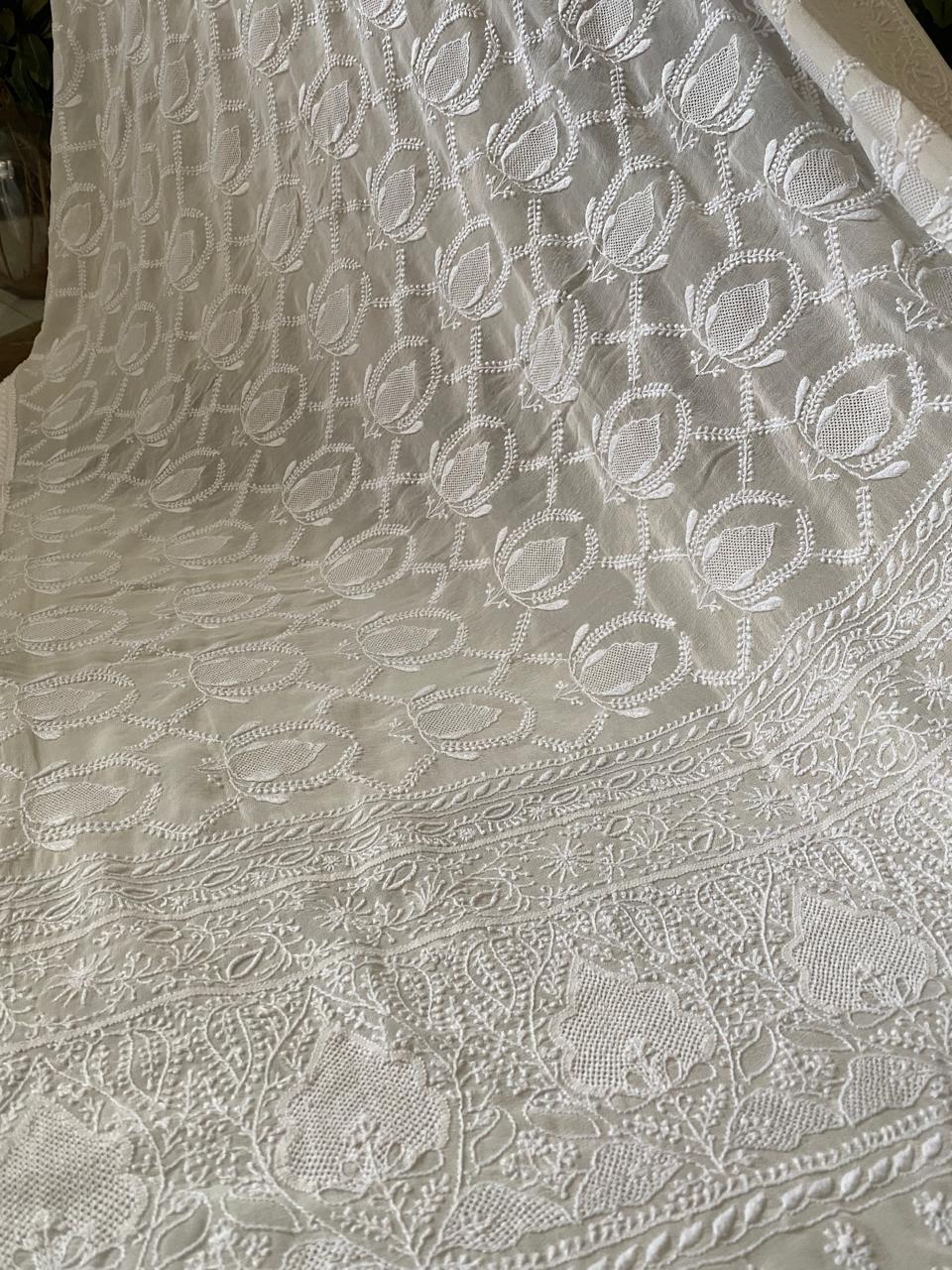 White Georgette Chikankari Saree with Tassels