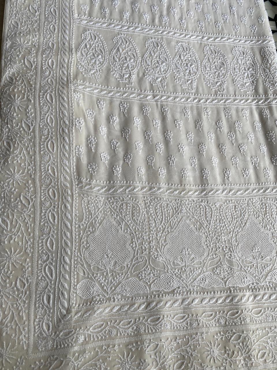White Georgette Chikankari Saree with Tassels