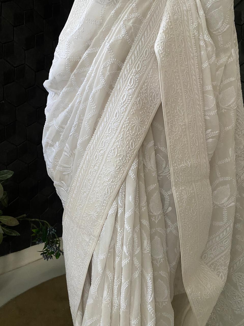 White Georgette Chikankari Saree with Tassels
