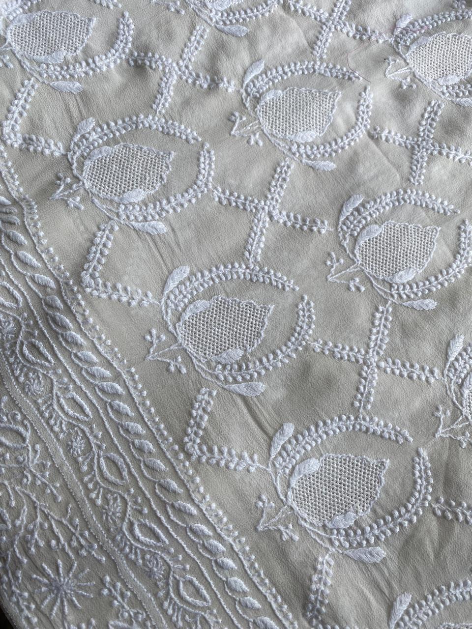 White Georgette Chikankari Saree with Tassels