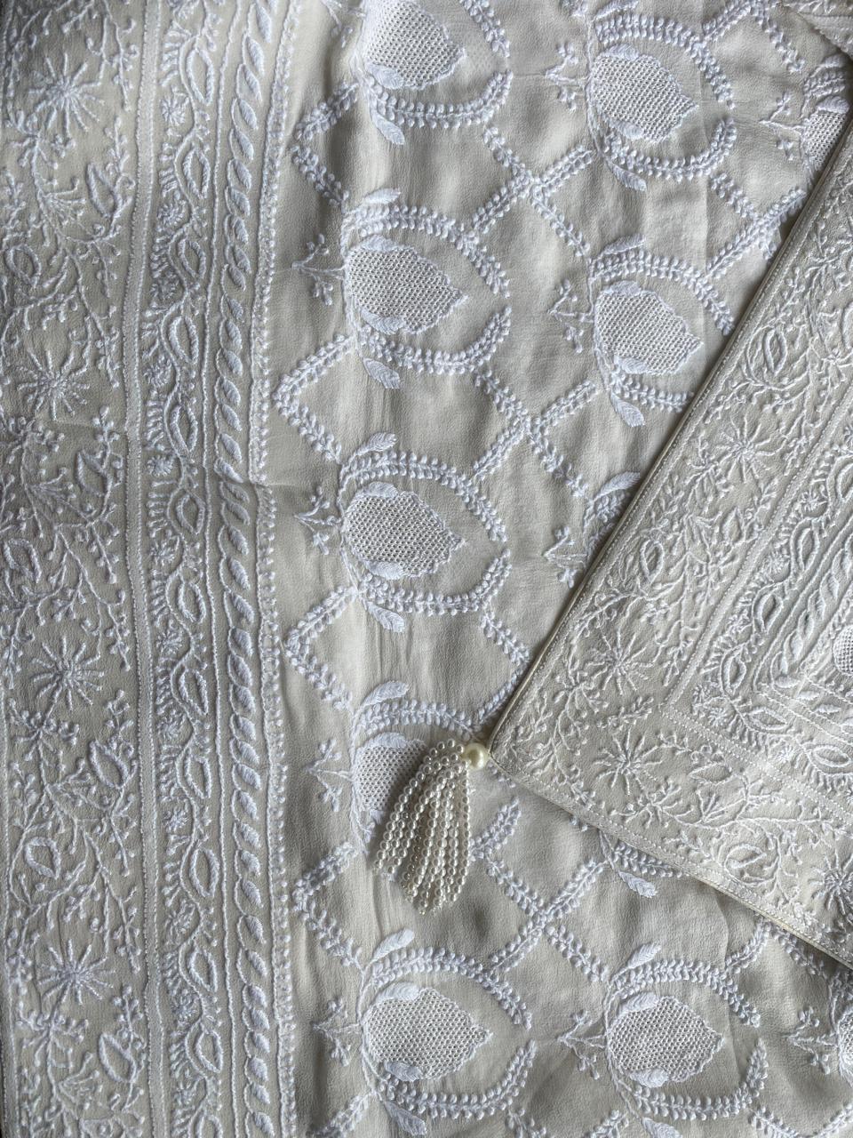 White Georgette Chikankari Saree with Tassels