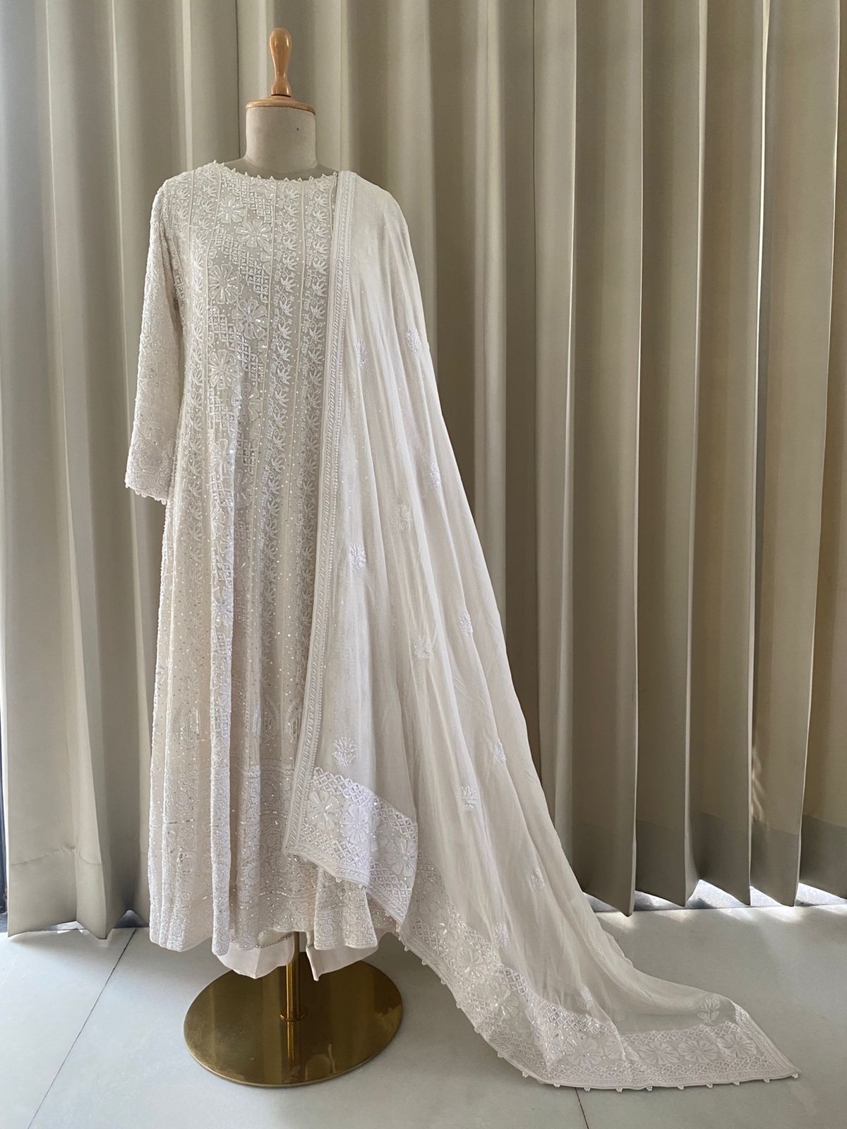 White Georgette Chikankari Anarkali Set