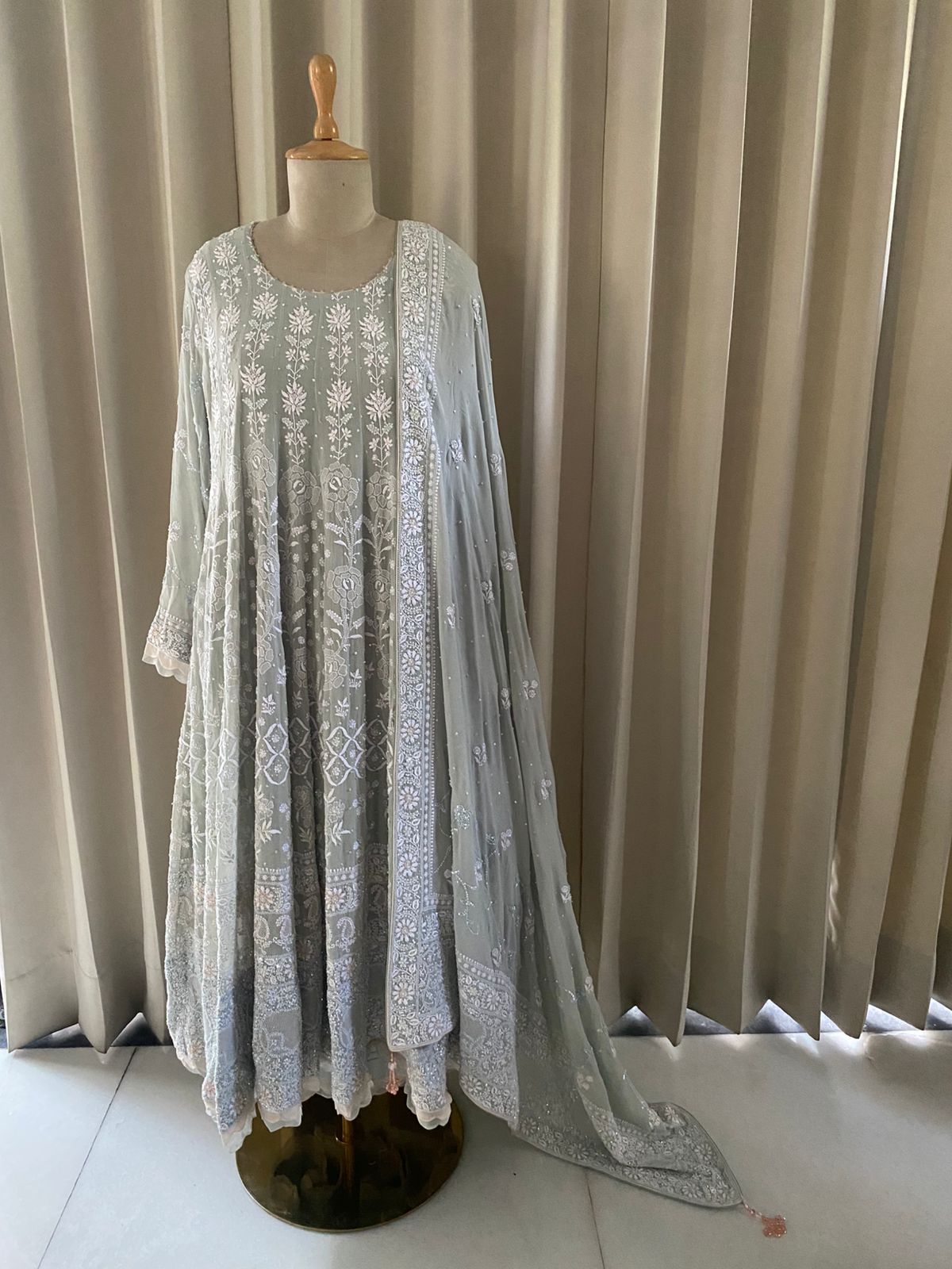 Sea Green Georgette Rose motif Anarkali Set
