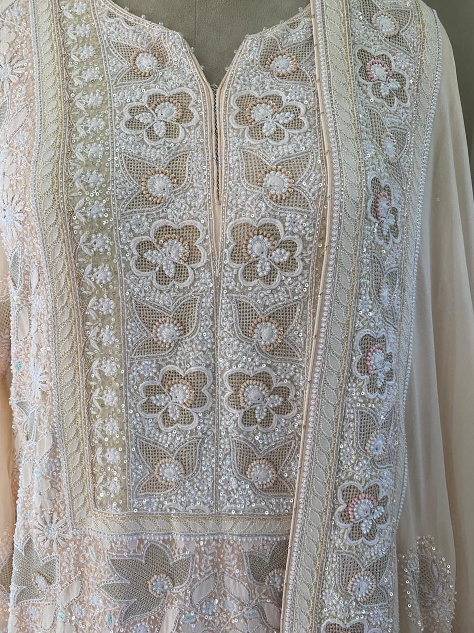 Peach Georgette Chikankari Kasab Jaal Kurta Set
